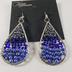 Women's Silver tone Criss-Crossed Wired Hoop - Colorful Beads Teardrop Earrings